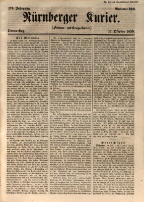 Nürnberger Kurier (Nürnberger Friedens- und Kriegs-Kurier) Donnerstag 17. Oktober 1850