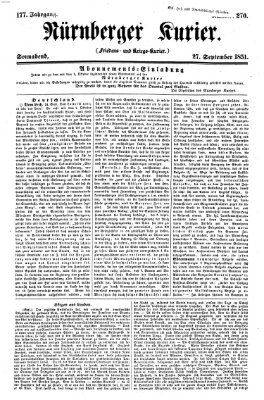 Nürnberger Kurier (Nürnberger Friedens- und Kriegs-Kurier) Samstag 27. September 1851