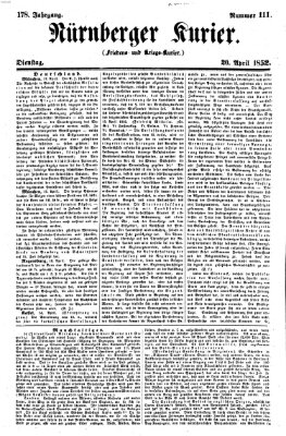 Nürnberger Kurier (Nürnberger Friedens- und Kriegs-Kurier) Dienstag 20. April 1852