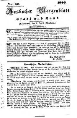 Ansbacher Morgenblatt für Stadt und Land (Ansbacher Morgenblatt) Mittwoch 1. April 1846