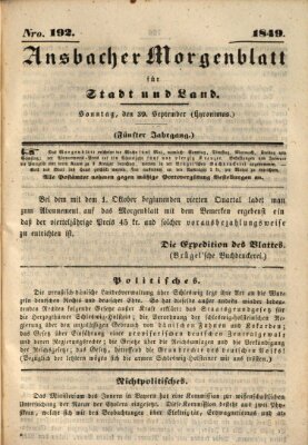 Ansbacher Morgenblatt für Stadt und Land (Ansbacher Morgenblatt) Sonntag 30. September 1849