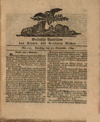 Berlinische Nachrichten von Staats- und gelehrten Sachen Dienstag 25. September 1764