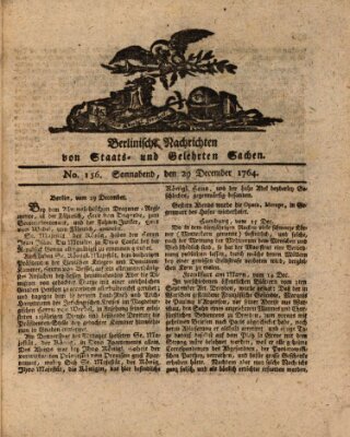 Berlinische Nachrichten von Staats- und gelehrten Sachen Samstag 29. Dezember 1764