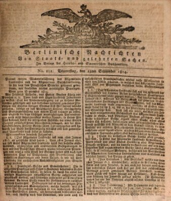 Berlinische Nachrichten von Staats- und gelehrten Sachen Donnerstag 15. September 1814