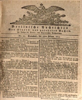 Berlinische Nachrichten von Staats- und gelehrten Sachen Samstag 18. Februar 1815