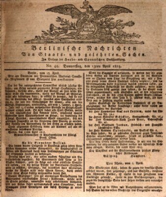 Berlinische Nachrichten von Staats- und gelehrten Sachen Donnerstag 13. April 1815