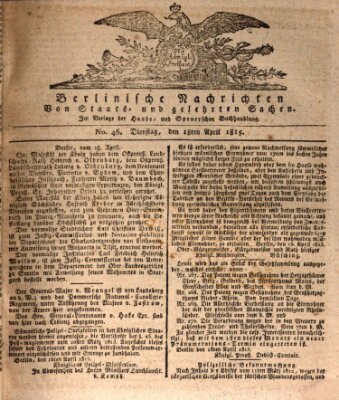 Berlinische Nachrichten von Staats- und gelehrten Sachen Dienstag 18. April 1815