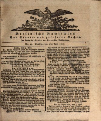 Berlinische Nachrichten von Staats- und gelehrten Sachen Dienstag 9. April 1816