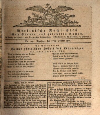 Berlinische Nachrichten von Staats- und gelehrten Sachen Dienstag 17. Oktober 1820