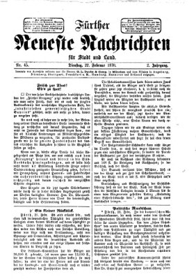 Fürther neueste Nachrichten für Stadt und Land (Fürther Abendzeitung) Dienstag 22. Februar 1870