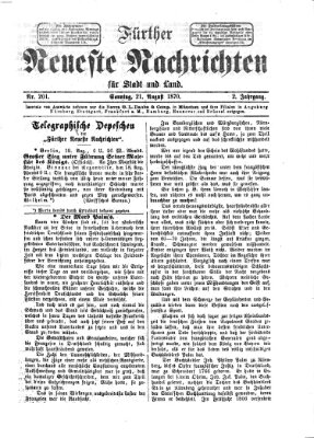 Fürther neueste Nachrichten für Stadt und Land (Fürther Abendzeitung) Sonntag 21. August 1870