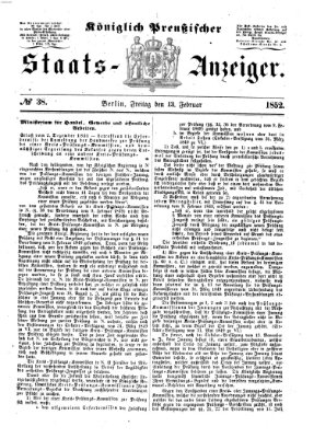 Königlich Preußischer Staats-Anzeiger (Allgemeine preußische Staats-Zeitung) Freitag 13. Februar 1852