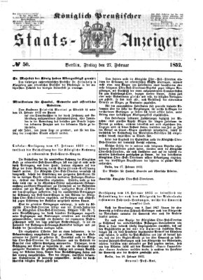 Königlich Preußischer Staats-Anzeiger (Allgemeine preußische Staats-Zeitung) Freitag 27. Februar 1852