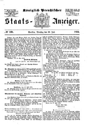 Königlich Preußischer Staats-Anzeiger (Allgemeine preußische Staats-Zeitung) Dienstag 20. Juli 1852