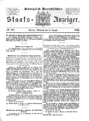 Königlich Preußischer Staats-Anzeiger (Allgemeine preußische Staats-Zeitung) Mittwoch 11. August 1852