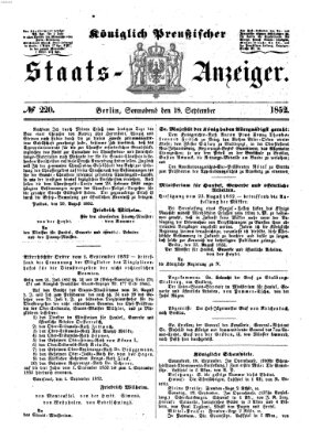 Königlich Preußischer Staats-Anzeiger (Allgemeine preußische Staats-Zeitung) Samstag 18. September 1852