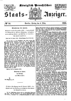 Königlich Preußischer Staats-Anzeiger (Allgemeine preußische Staats-Zeitung) Freitag 4. März 1853