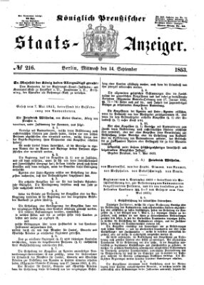 Königlich Preußischer Staats-Anzeiger (Allgemeine preußische Staats-Zeitung) Mittwoch 14. September 1853