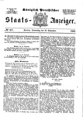 Königlich Preußischer Staats-Anzeiger (Allgemeine preußische Staats-Zeitung) Donnerstag 15. September 1853