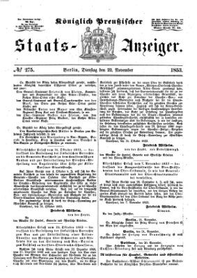 Königlich Preußischer Staats-Anzeiger (Allgemeine preußische Staats-Zeitung) Dienstag 22. November 1853