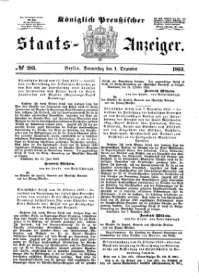 Königlich Preußischer Staats-Anzeiger (Allgemeine preußische Staats-Zeitung) Donnerstag 1. Dezember 1853