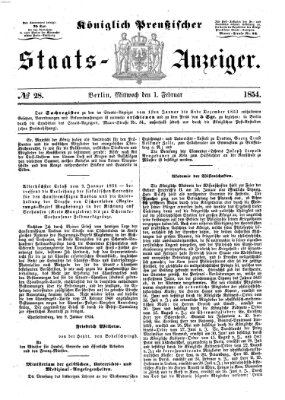 Königlich Preußischer Staats-Anzeiger (Allgemeine preußische Staats-Zeitung) Mittwoch 1. Februar 1854