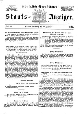 Königlich Preußischer Staats-Anzeiger (Allgemeine preußische Staats-Zeitung) Mittwoch 15. Februar 1854