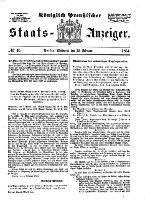 Königlich Preußischer Staats-Anzeiger (Allgemeine preußische Staats-Zeitung) Mittwoch 22. Februar 1854