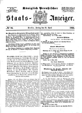 Königlich Preußischer Staats-Anzeiger (Allgemeine preußische Staats-Zeitung) Freitag 21. April 1854