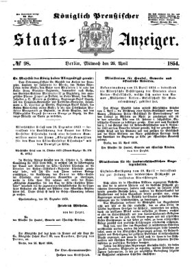 Königlich Preußischer Staats-Anzeiger (Allgemeine preußische Staats-Zeitung) Mittwoch 26. April 1854