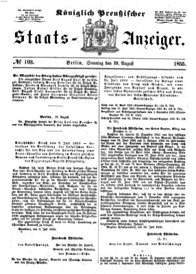 Königlich Preußischer Staats-Anzeiger (Allgemeine preußische Staats-Zeitung) Sonntag 19. August 1855