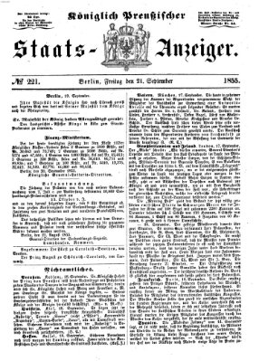 Königlich Preußischer Staats-Anzeiger (Allgemeine preußische Staats-Zeitung) Freitag 21. September 1855