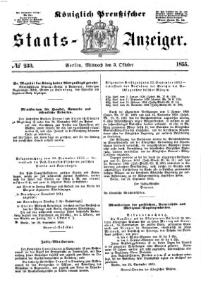 Königlich Preußischer Staats-Anzeiger (Allgemeine preußische Staats-Zeitung) Mittwoch 3. Oktober 1855