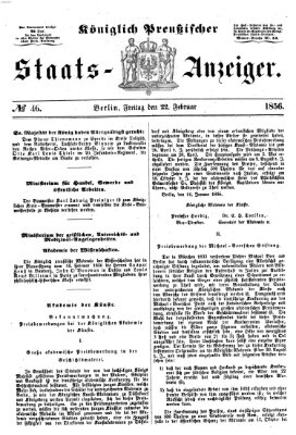 Königlich Preußischer Staats-Anzeiger (Allgemeine preußische Staats-Zeitung) Freitag 22. Februar 1856