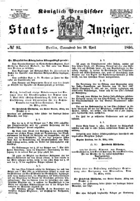 Königlich Preußischer Staats-Anzeiger (Allgemeine preußische Staats-Zeitung) Samstag 19. April 1856