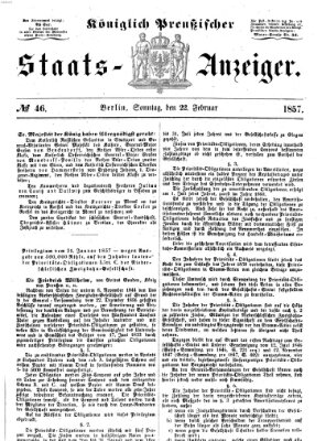 Königlich Preußischer Staats-Anzeiger (Allgemeine preußische Staats-Zeitung) Sonntag 22. Februar 1857