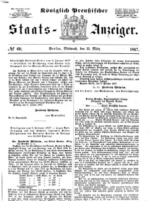 Königlich Preußischer Staats-Anzeiger (Allgemeine preußische Staats-Zeitung) Mittwoch 11. März 1857