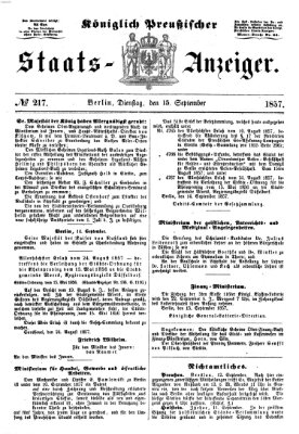 Königlich Preußischer Staats-Anzeiger (Allgemeine preußische Staats-Zeitung) Dienstag 15. September 1857