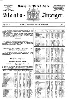 Königlich Preußischer Staats-Anzeiger (Allgemeine preußische Staats-Zeitung) Mittwoch 18. November 1857