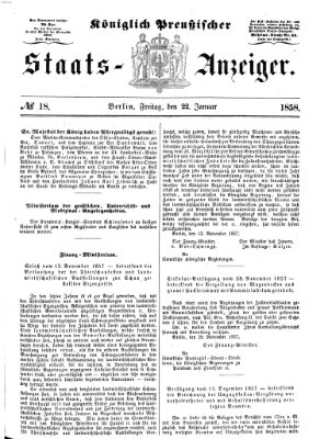 Königlich Preußischer Staats-Anzeiger (Allgemeine preußische Staats-Zeitung) Freitag 22. Januar 1858