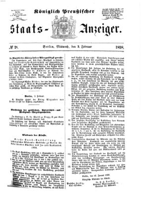 Königlich Preußischer Staats-Anzeiger (Allgemeine preußische Staats-Zeitung) Mittwoch 3. Februar 1858