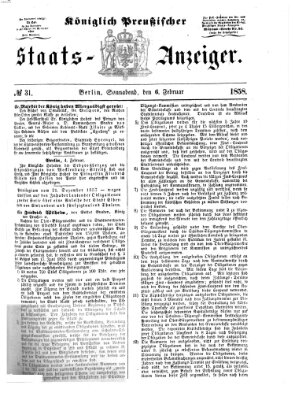 Königlich Preußischer Staats-Anzeiger (Allgemeine preußische Staats-Zeitung) Samstag 6. Februar 1858