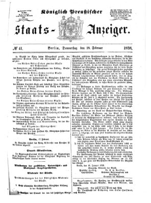 Königlich Preußischer Staats-Anzeiger (Allgemeine preußische Staats-Zeitung) Donnerstag 18. Februar 1858