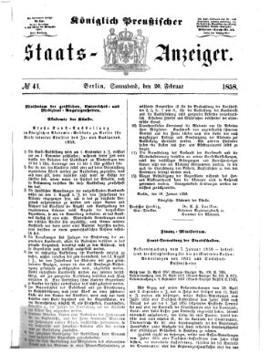 Königlich Preußischer Staats-Anzeiger (Allgemeine preußische Staats-Zeitung) Samstag 20. Februar 1858