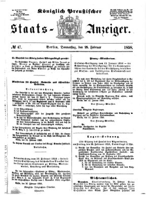 Königlich Preußischer Staats-Anzeiger (Allgemeine preußische Staats-Zeitung) Donnerstag 25. Februar 1858