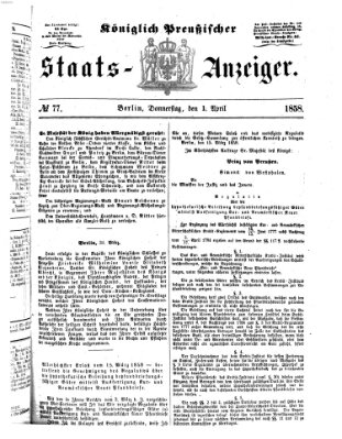 Königlich Preußischer Staats-Anzeiger (Allgemeine preußische Staats-Zeitung) Donnerstag 1. April 1858