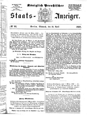 Königlich Preußischer Staats-Anzeiger (Allgemeine preußische Staats-Zeitung) Mittwoch 21. April 1858