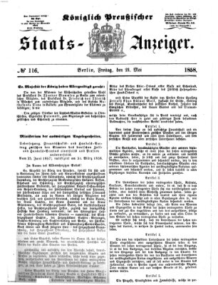 Königlich Preußischer Staats-Anzeiger (Allgemeine preußische Staats-Zeitung) Freitag 21. Mai 1858