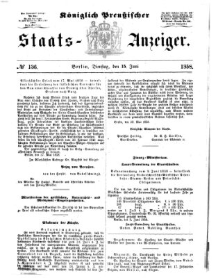 Königlich Preußischer Staats-Anzeiger (Allgemeine preußische Staats-Zeitung) Dienstag 15. Juni 1858