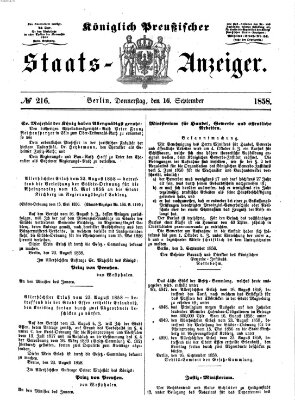 Königlich Preußischer Staats-Anzeiger (Allgemeine preußische Staats-Zeitung) Donnerstag 16. September 1858